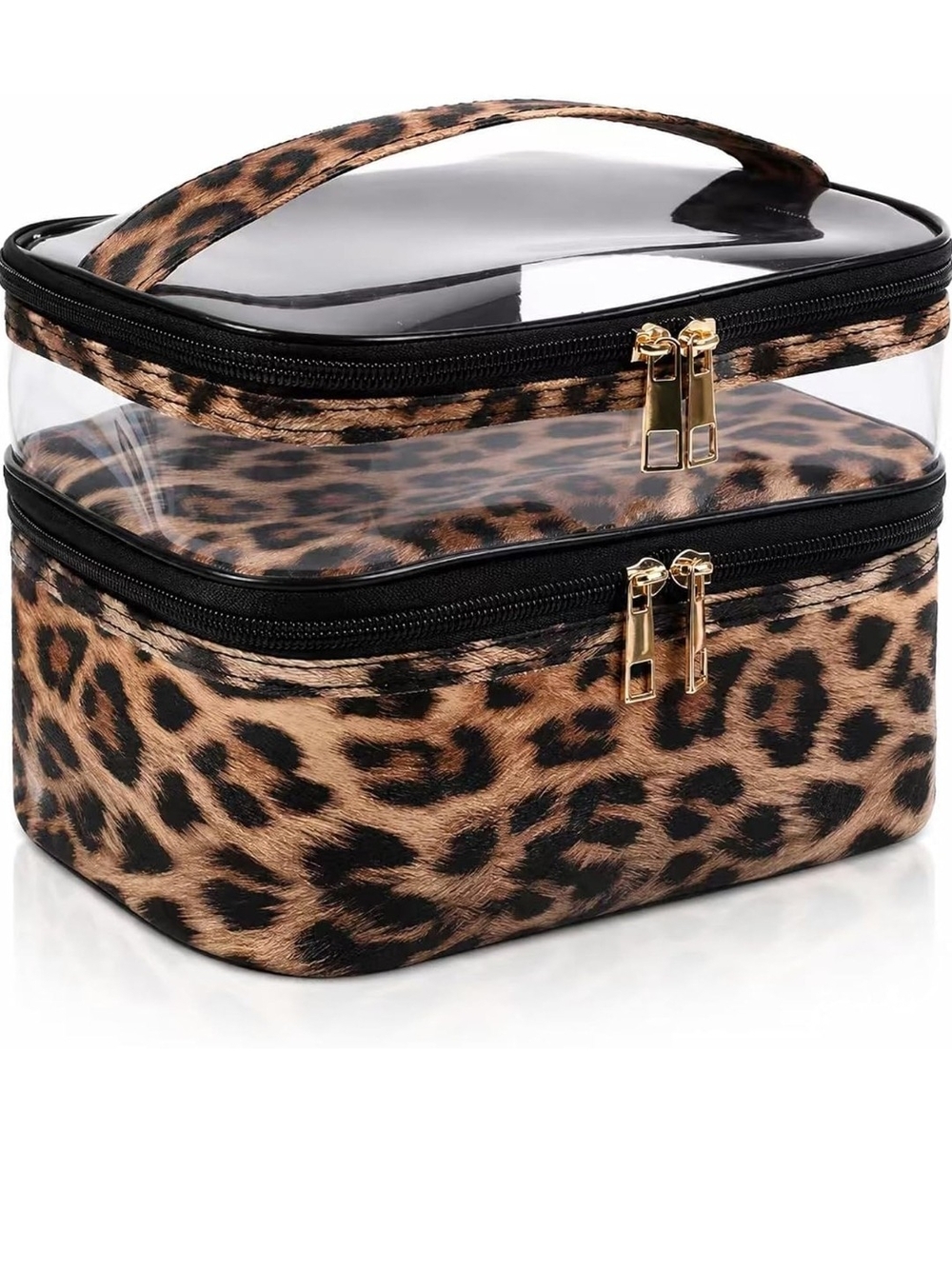 Leopard Print Clear Top Double Zip Cosmetic Train Case